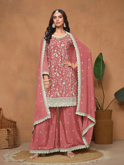 Dusty Pink Chinon Thread & Sequins Embroidery Palazzo Suit