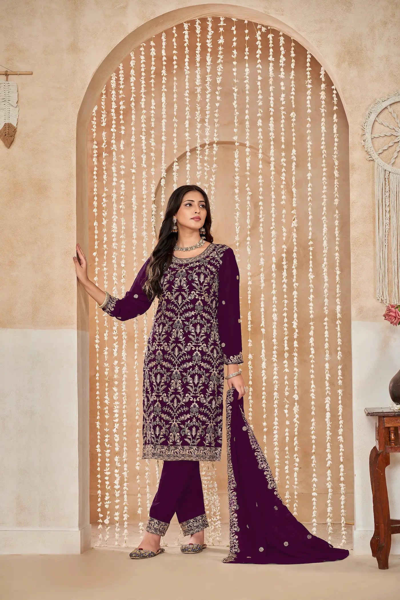Wine Georgette Thread & Sequence Embroidery Work Palazzo Suit