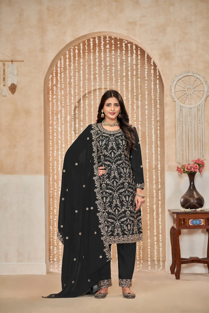 Black Georgette Thread & Sequence Embroidery Work Palazzo Suit