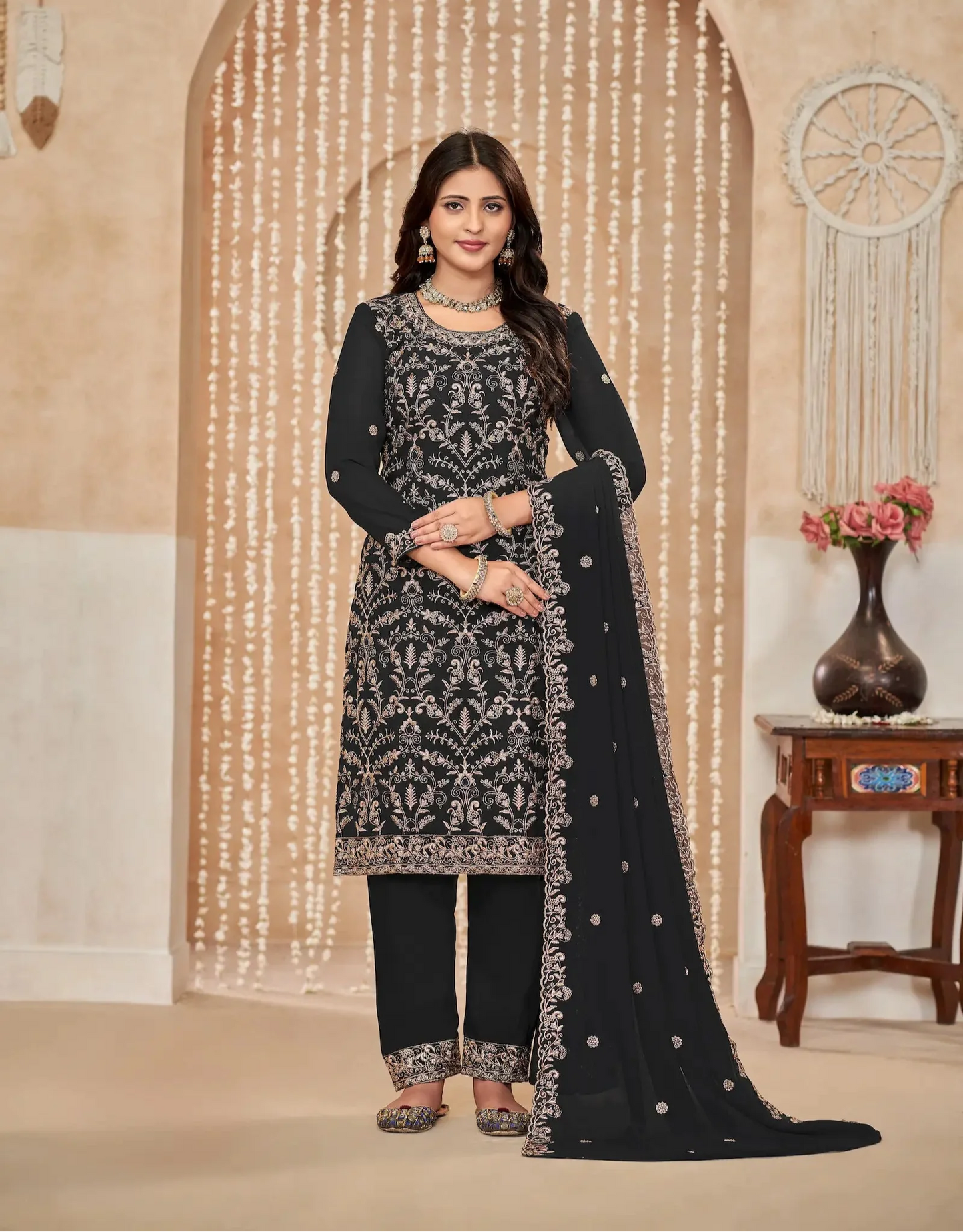 Black Georgette Thread & Sequence Embroidery Work Palazzo Suit