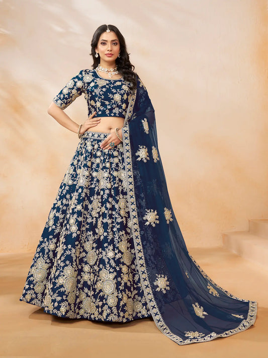 Navy Blue Art Silk Lehenga Choli With Thread & Sequence Embroidery Work