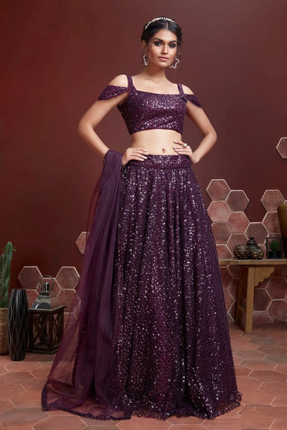 Wine Soft Net Lehenga With Heavy Embroidery Sequins Work