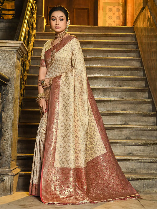 Beige Border Banarasi Silk Saree with Zari Weaving