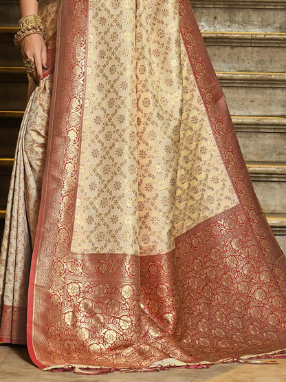 Beige Border Banarasi Silk Saree with Zari Weaving