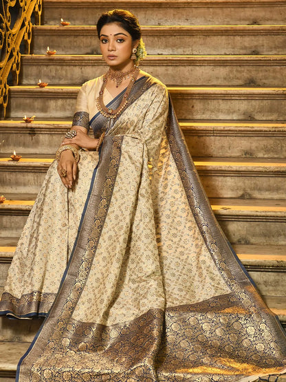 Grey Border Banarasi Silk Saree with Zari Weaving