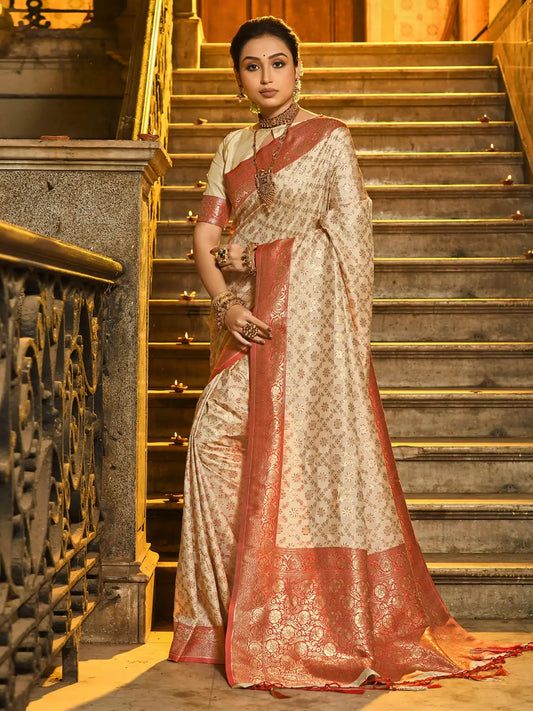 Dusky Orange  Border Banarasi Silk Saree with Zari Weaving