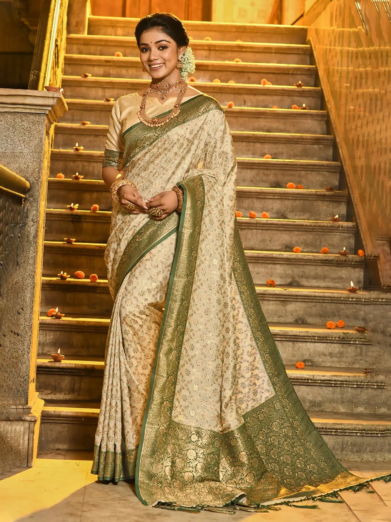 Dusty  Green  Border Banarasi Silk Saree with Zari Weaving