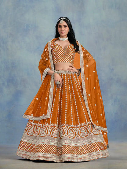 Orange Art Silk Thread & Sequence Embroidery Work Lehenga Choli