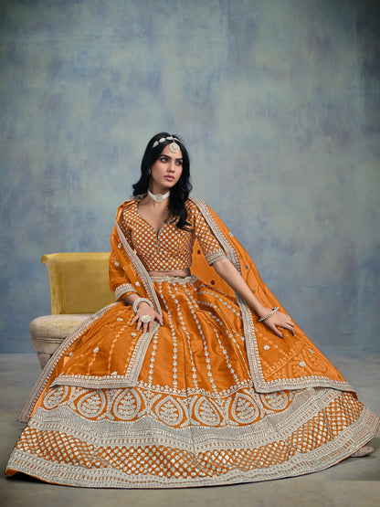 Orange Art Silk Thread & Sequence Embroidery Work Lehenga Choli