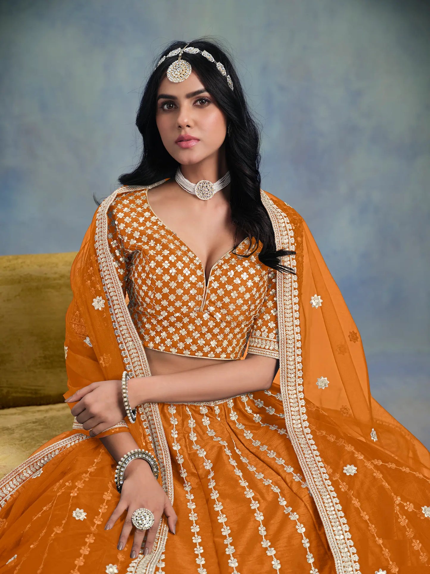 Orange Art Silk Thread & Sequence Embroidery Work Lehenga Choli