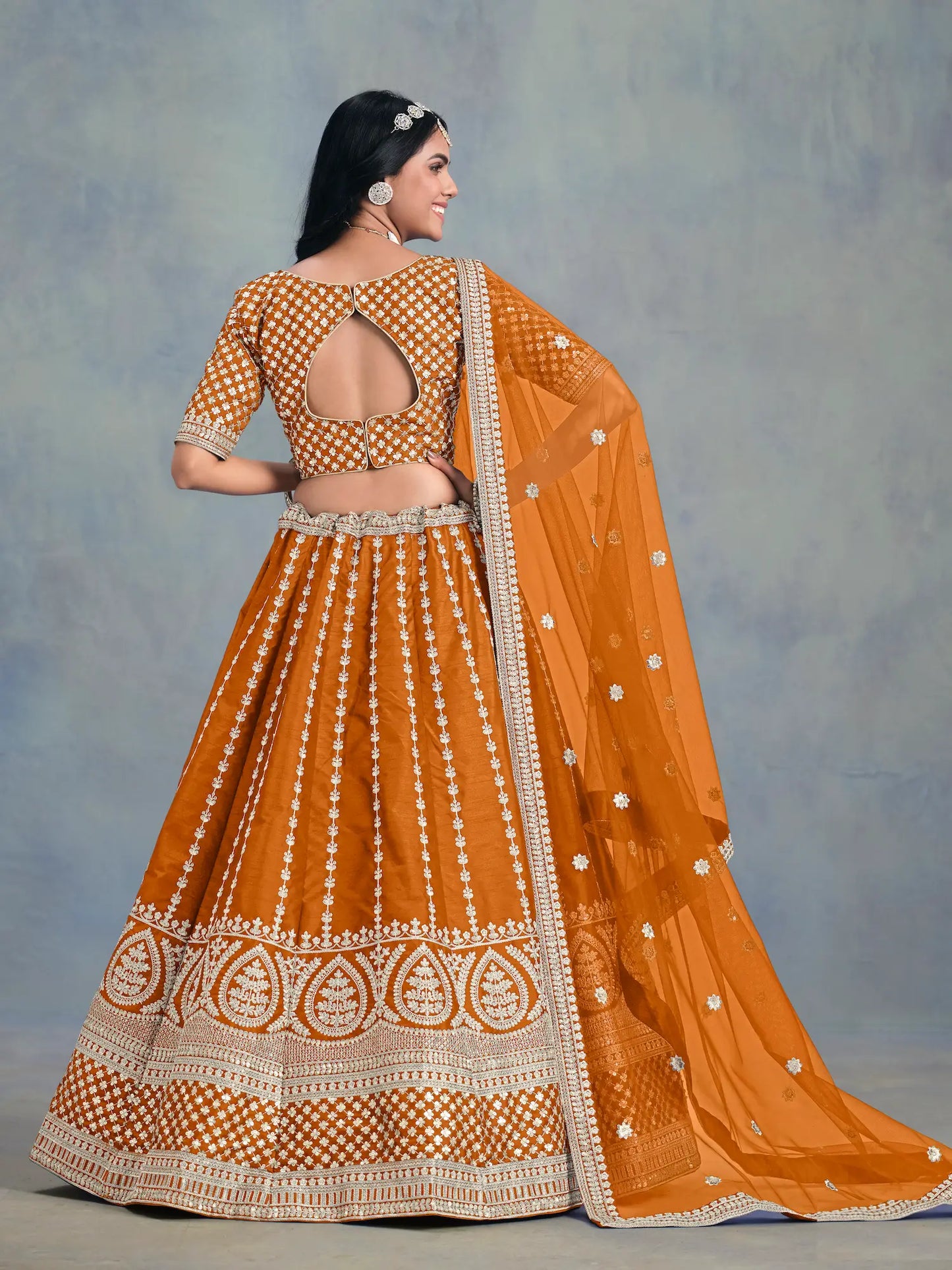 Orange Art Silk Thread & Sequence Embroidery Work Lehenga Choli
