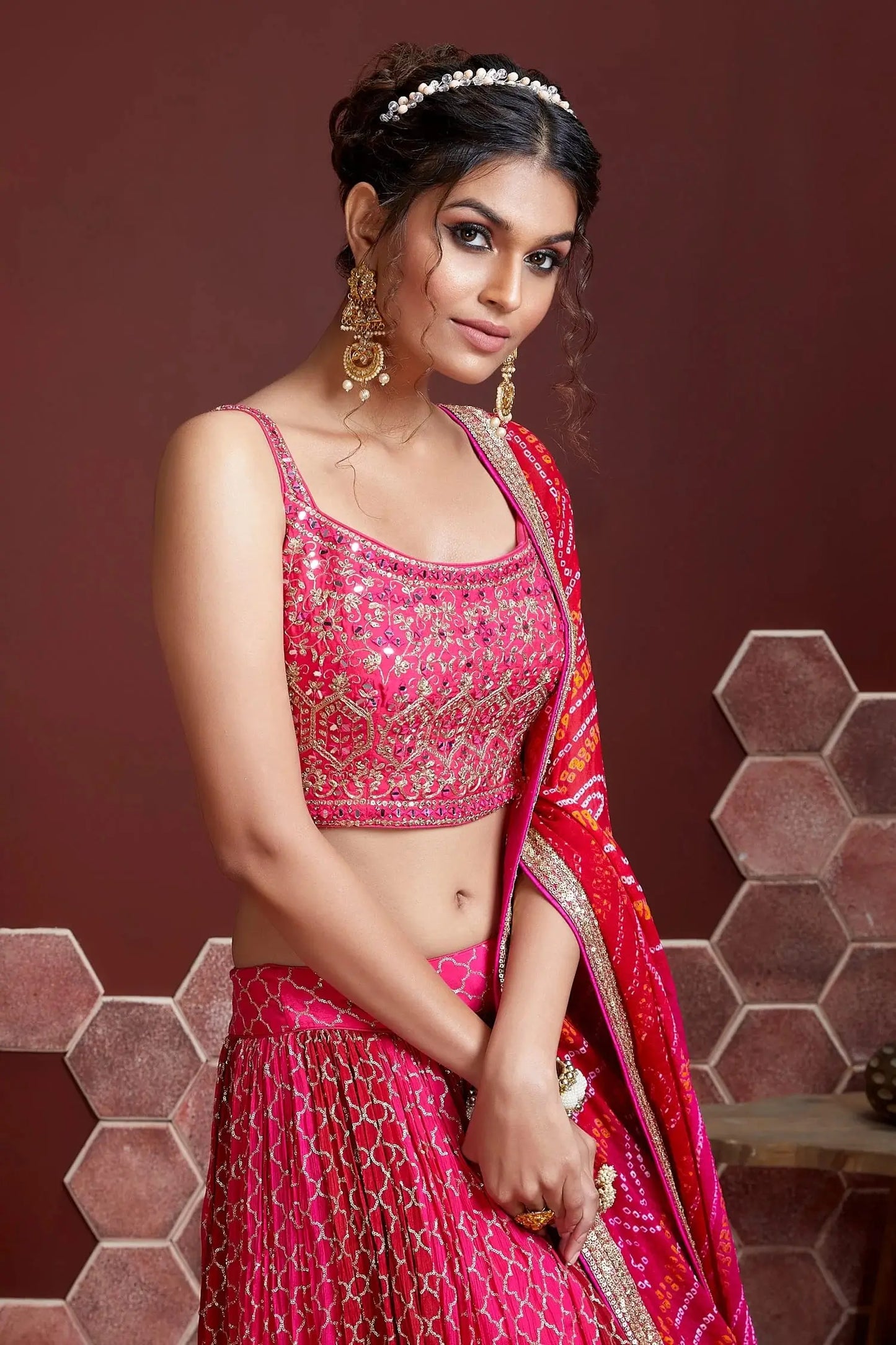 Tulip Pink Lehenga With Digital Print And Heavy Embroidery Sequins Work With Real Mirror Work