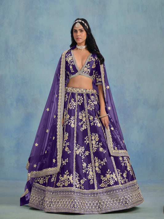Purple Art Silk Thread & Sequence Embroidery Work Lehenga Choli