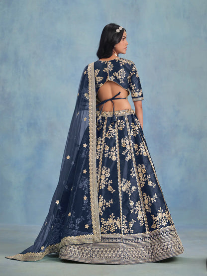 Navy Blue Art Silk Thread & Sequence Embroidery Work Lehenga Choli