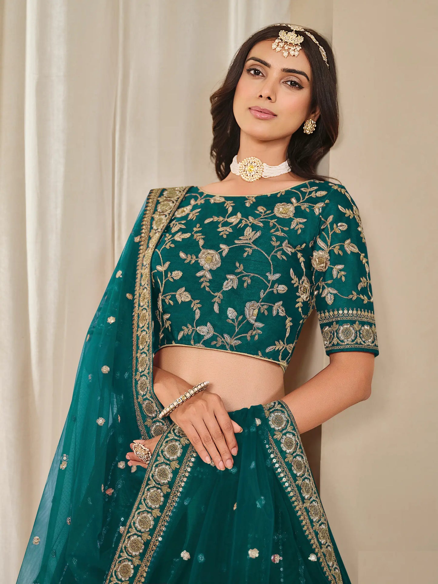 Teal Green Art Silk Thread & Sequins Embroidery Lehenga Choli