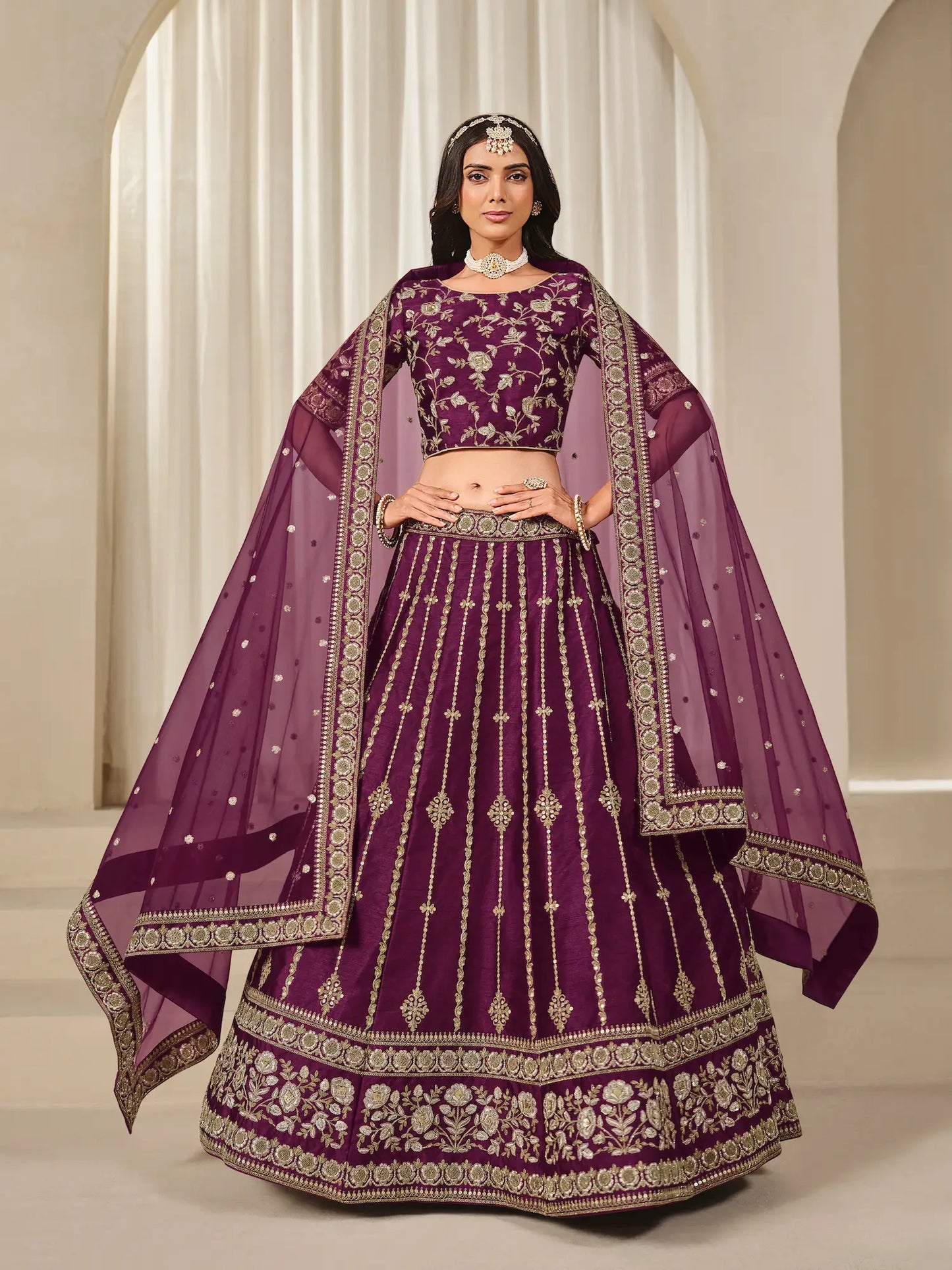 Dusty Wine Art Silk Thread & Sequins Embroidery Lehenga Choli