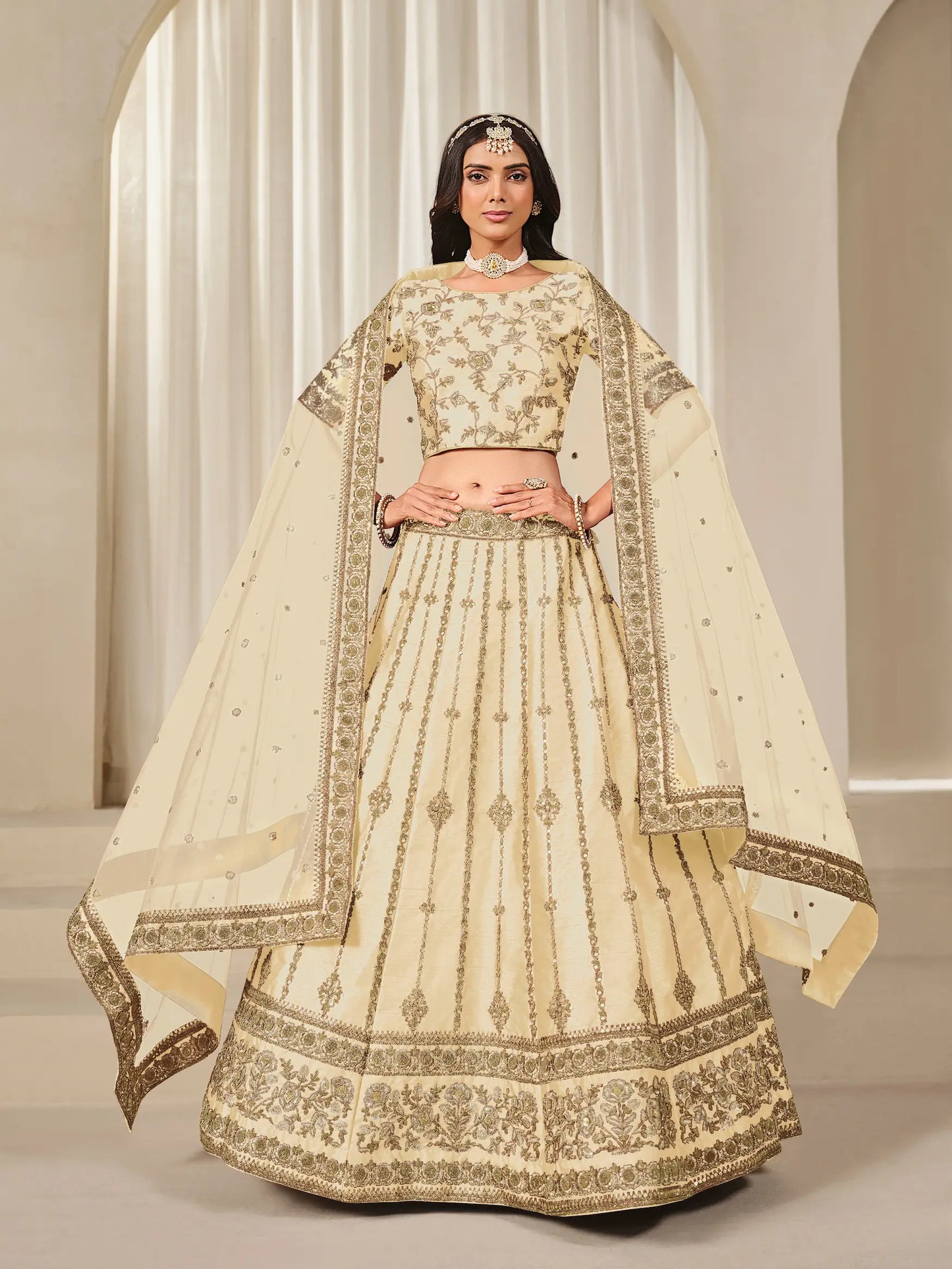 Beige Art Silk Thread & Sequins Embroidery Lehenga Choli