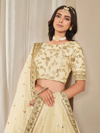 Beige Art Silk Thread & Sequins Embroidery Lehenga Choli