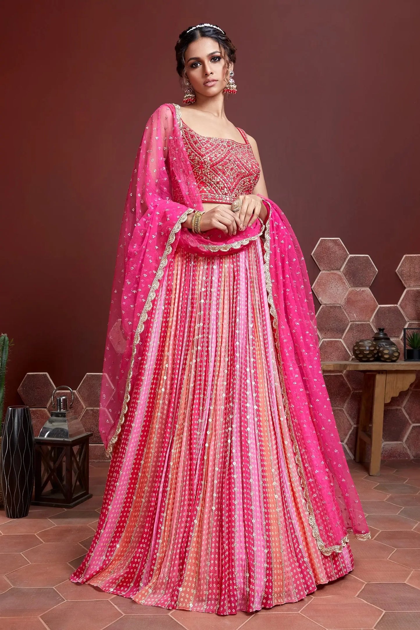 Dirty Pink Lehenga With Digital Position Print And Heavy Embroidery With Real Mirror Work