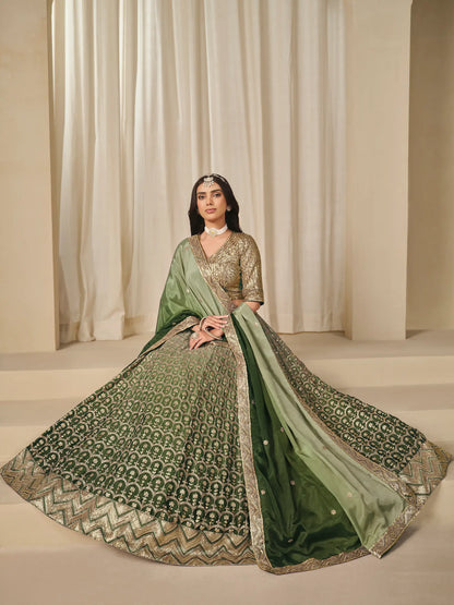 Shaded Green Chinon Silk Embroidery Work Lehenga Choli