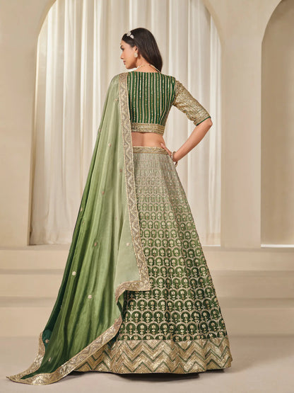 Shaded Green Chinon Silk Embroidery Work Lehenga Choli
