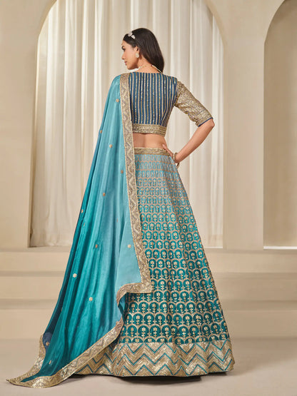 Shaded Blue Chinon Silk Embroidery Work Lehenga Choli