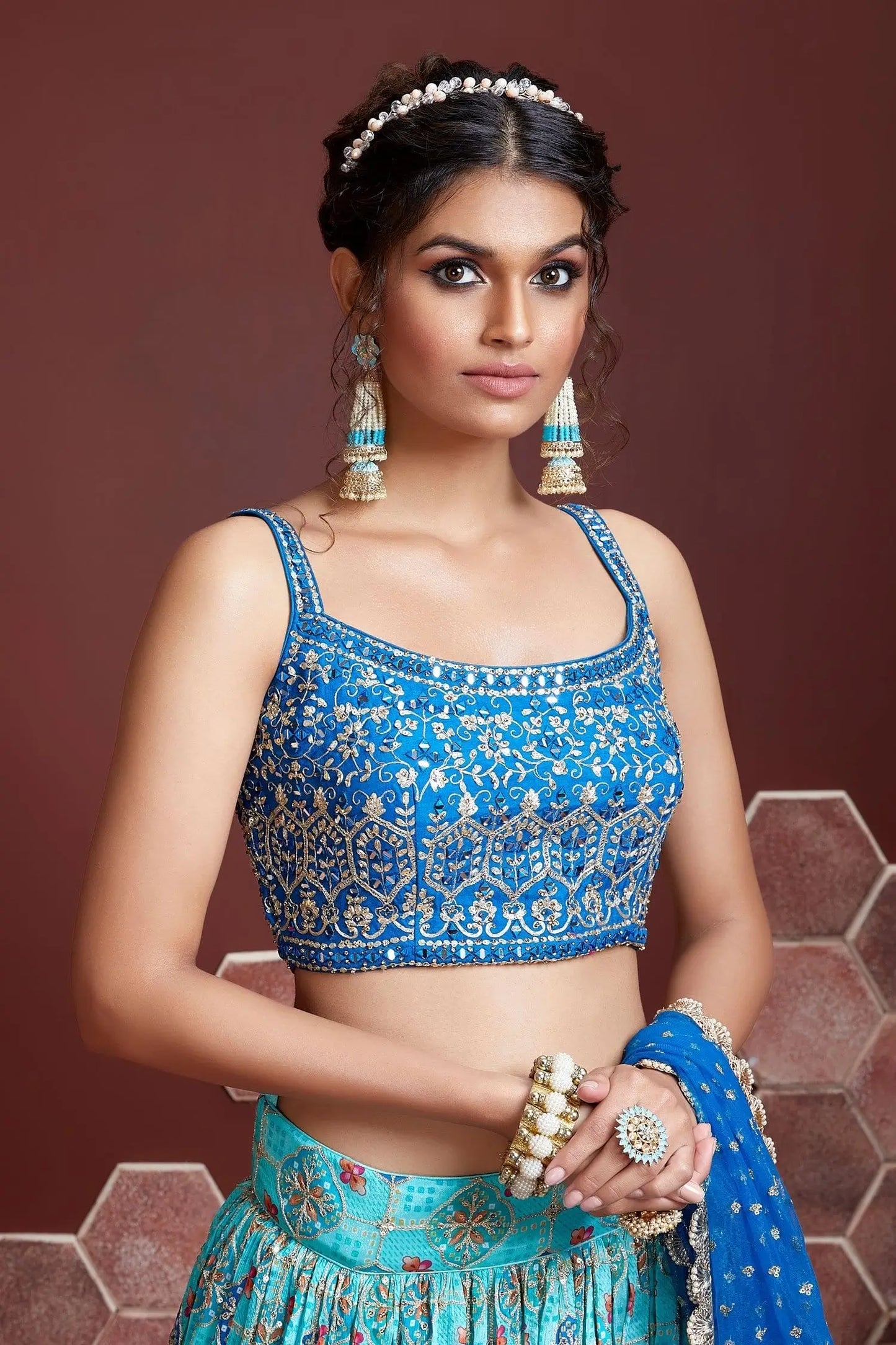 Light Sky Blue Lehenga With Digital Position Print And Heavy Embroidery With Real Mirror Work