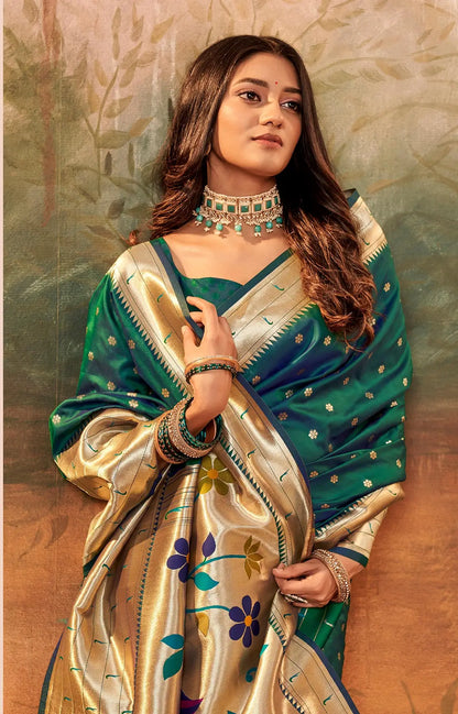 Green Paithani Silk Saree with Woven Border & Pallu