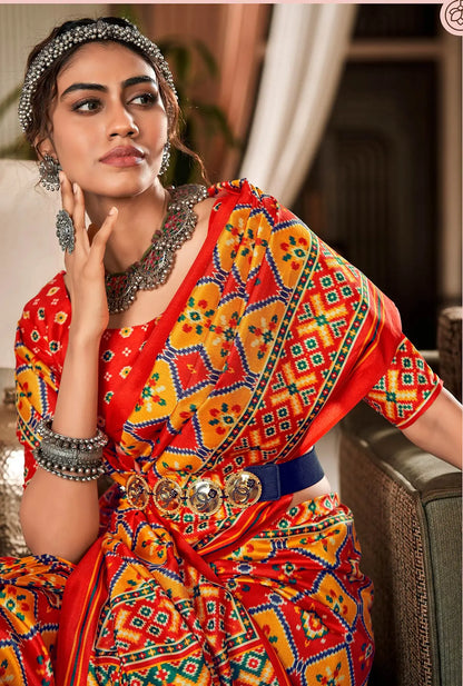 Multi Color  Handloom Silk Saree with Patola Print & Tassel Pallu