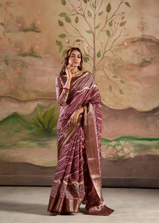Wine Dola Silk Printed Saree With Zari Border