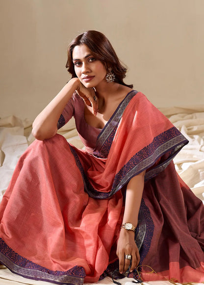 Red Handloom Silk Saree With Contarast Border