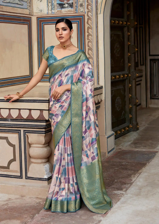 Peach  Handloom Silk Saree  With Digital Print Zari Border