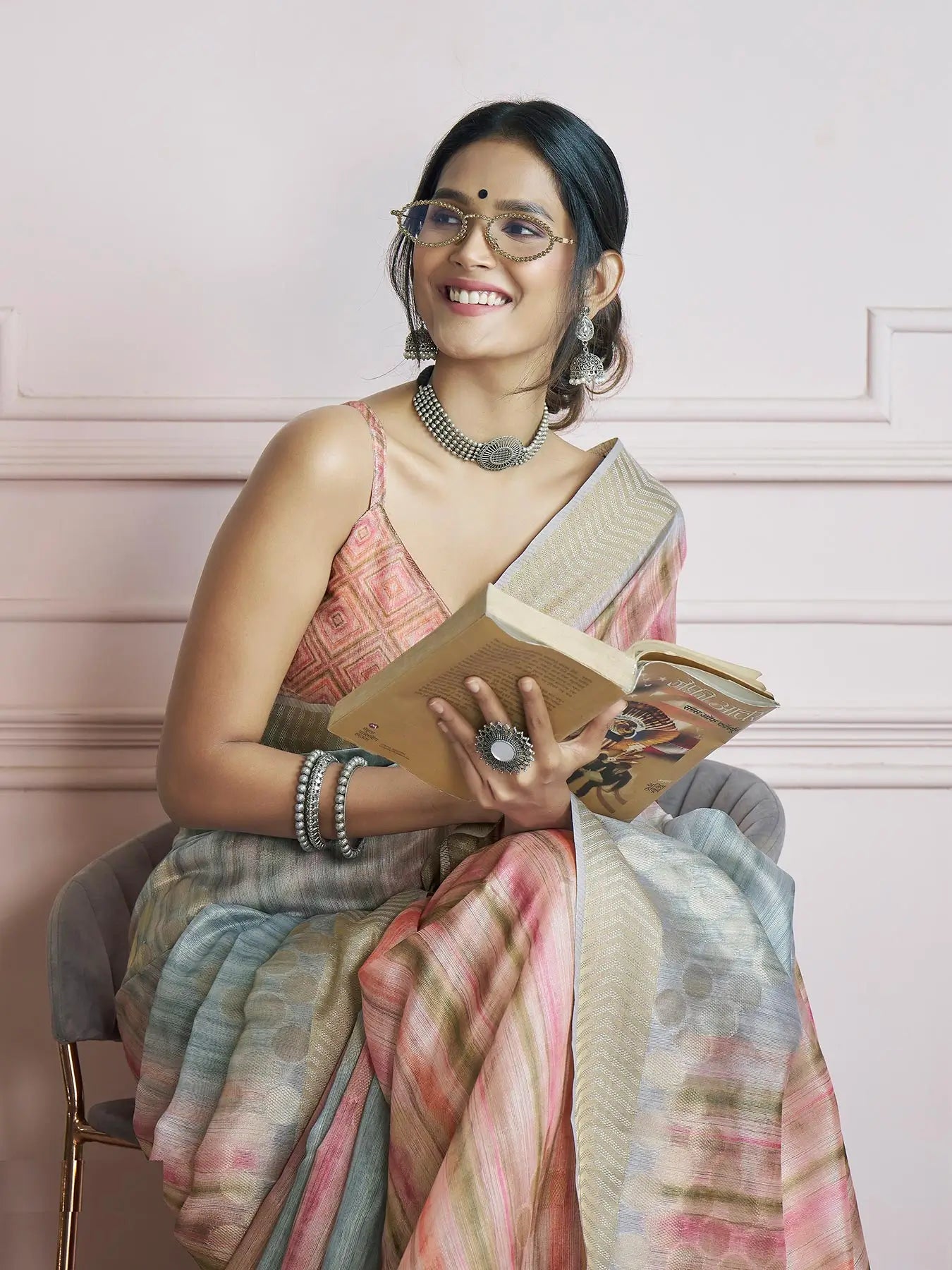 MultiColor Handloom Khadi Silk Saree with Digital Print & Zari  Border