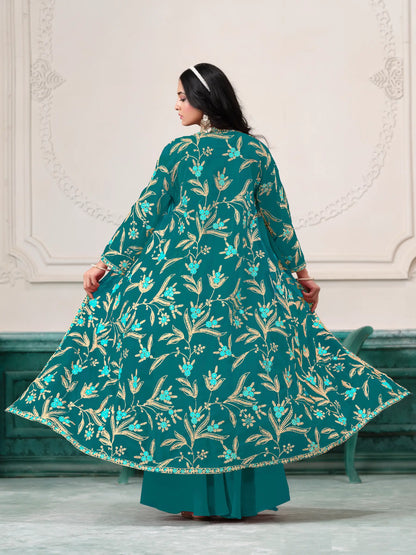 Blue Georgette Indo Western Set With Thread & Sequins Embroidery Work