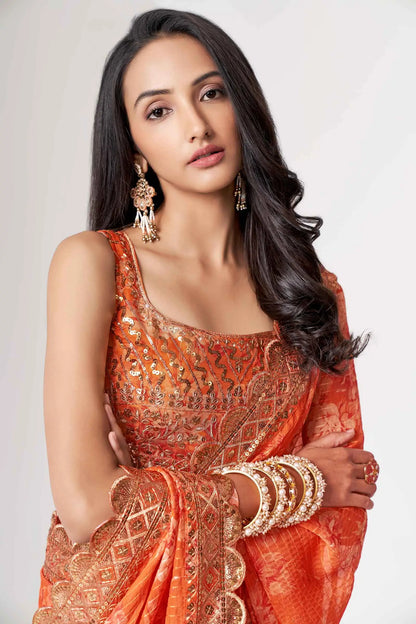 Orange Floral Print Organza Saree With Sequins Work