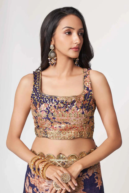 Purple Floral Print Organza Saree With Sequins Work