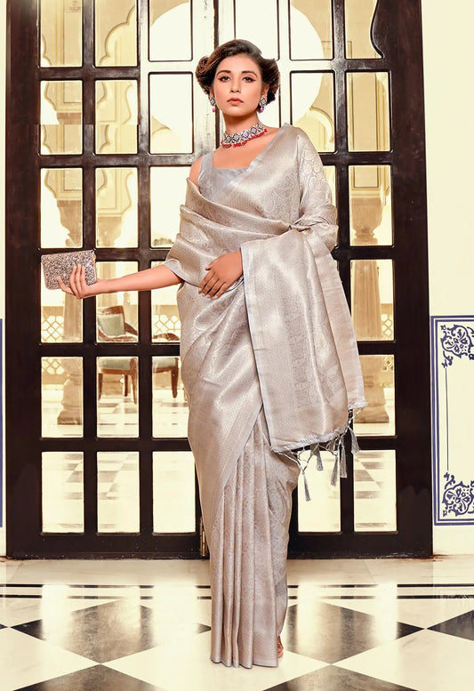 Grey Soft Kanchivaram Silk Saree with Zari weaving