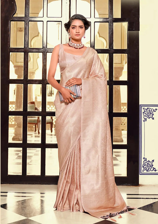 Light Pink Soft Kanchivaram Silk Saree with Zari weaving