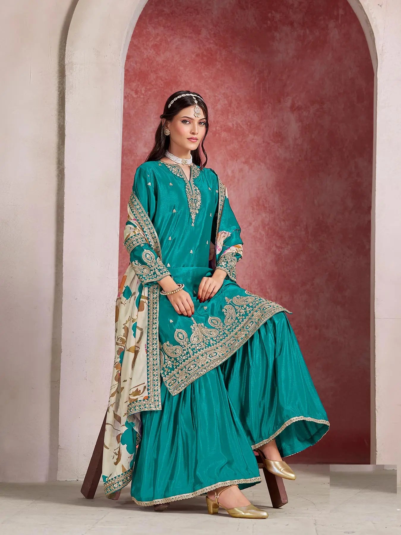 Teal Blue Chinon Silk Sharara Set with Embroidered Top & Taby Silk Dupatta