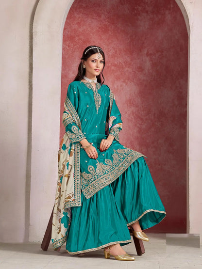 Teal Blue Chinon Silk Sharara Set with Embroidered Top & Taby Silk Dupatta