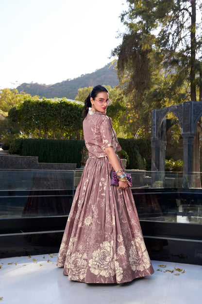 Onion Pink Tussar Silk Floral Printed Indo Western Set