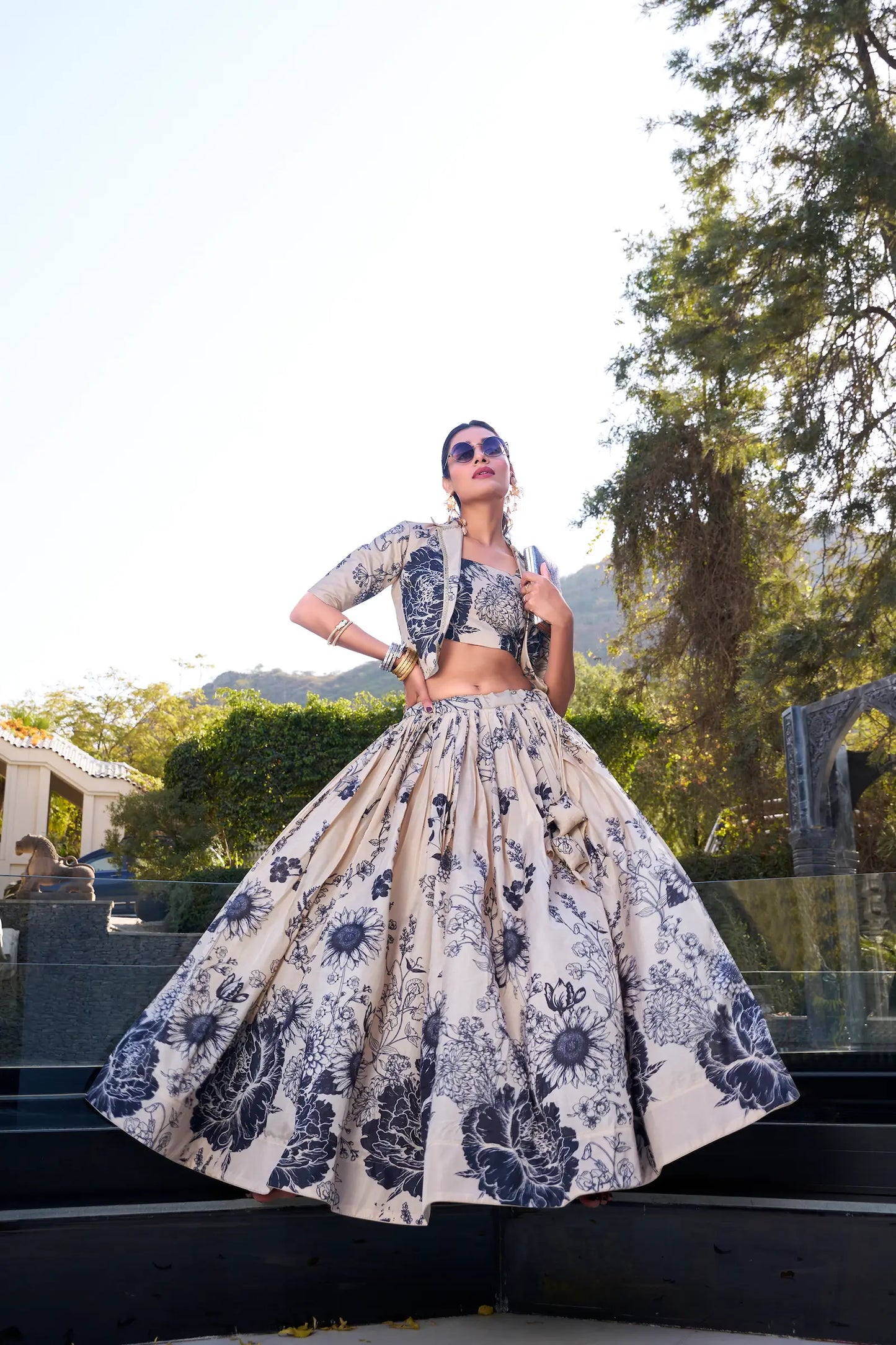 Beige Tussar Silk Floral Printed Indo Western Set