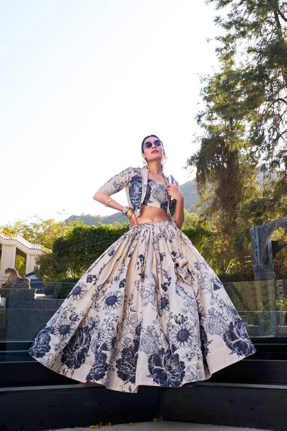 Beige Tussar Silk Floral Printed Indo Western Set