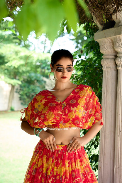 Red Chiffon Floral Printed Indo Western Set