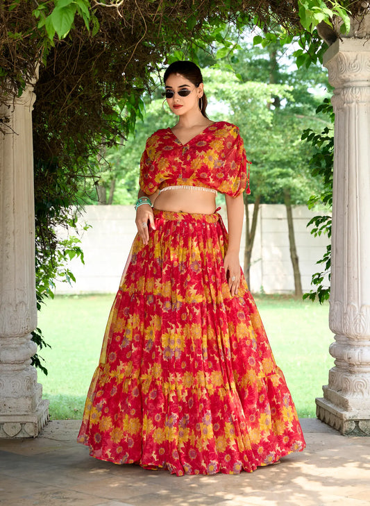 Red Chiffon Floral Printed Indo Western Set