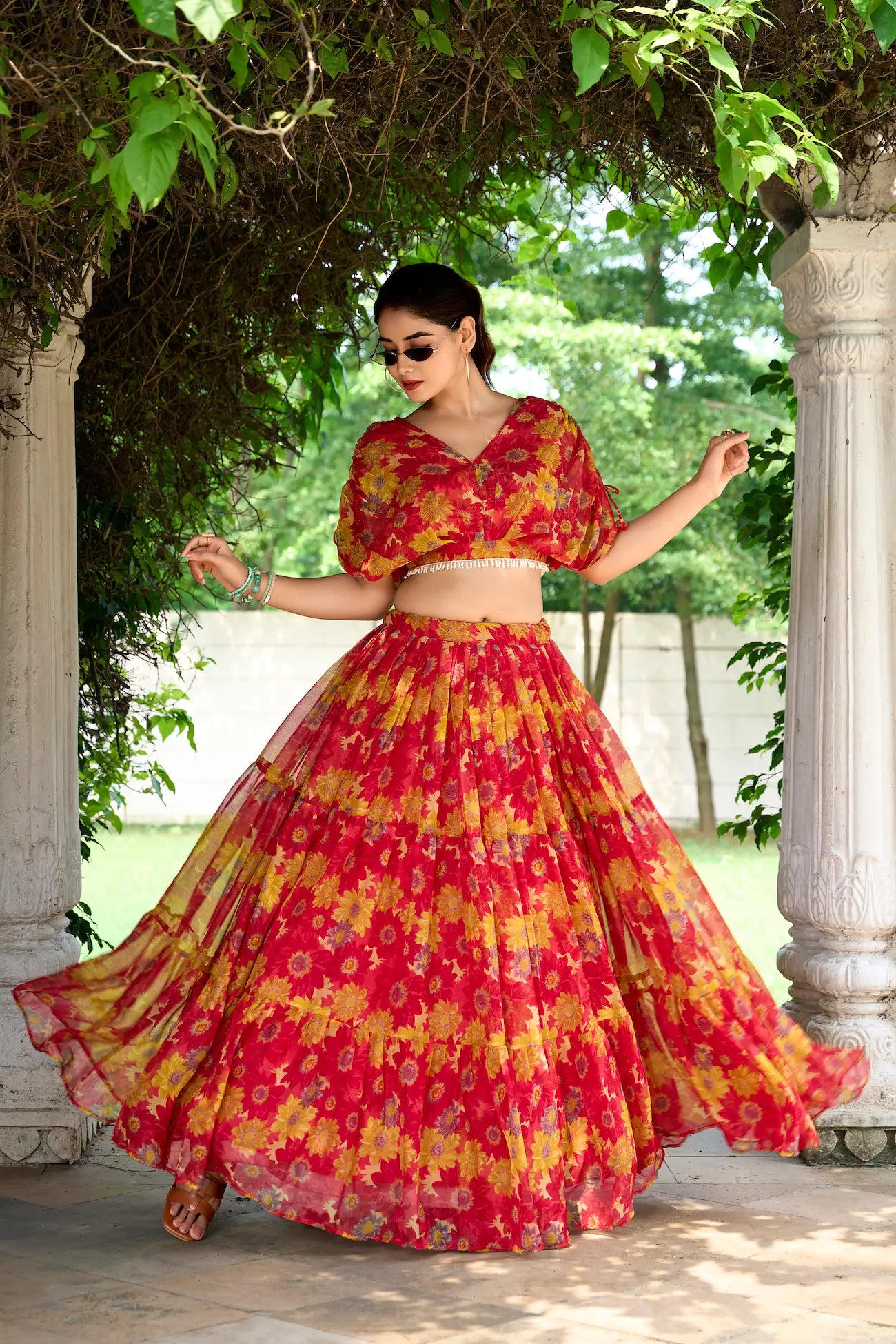 Red Chiffon Floral Printed Indo Western Set