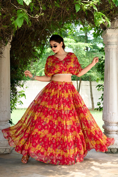 Red Chiffon Floral Printed Indo Western Set