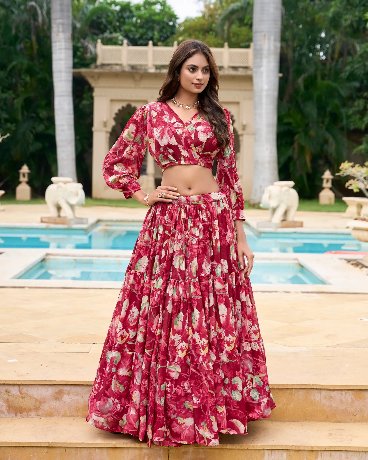 Maroon Georgette Floral Printed Indo Western Set