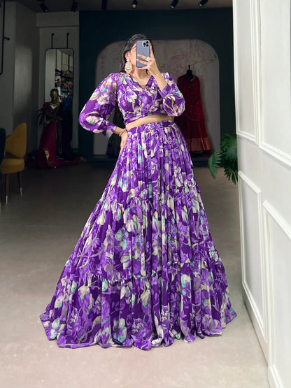 Purple Georgette Floral Printed Indo Western Set