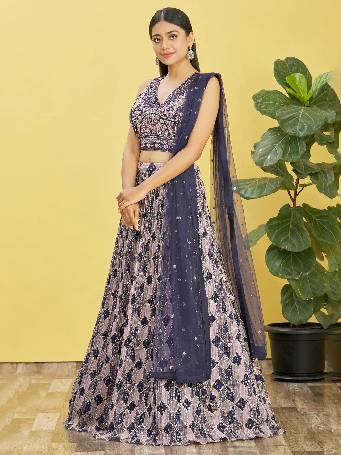 Wine Lehenga With Digital Print And Thread Zari Sequins Embroidery Real Mirror Work
